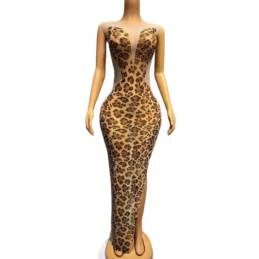 Sexy Luxury Stage Gold Rhinestones Leopard Transparent Sleeveless Dress Birthday Celebrate Outfit Prom Women Singer Photo Shoot Dress Fashion Clothing Products