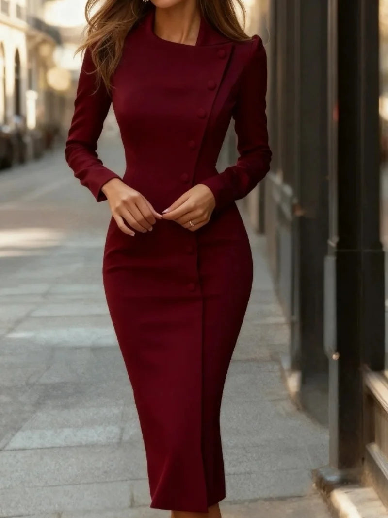 Black/White/Burgundy Color S-2XL UK Size Long Sleeve Button Down Midi Dress - Elegant Office Lady Slim Fit Sheath Dress