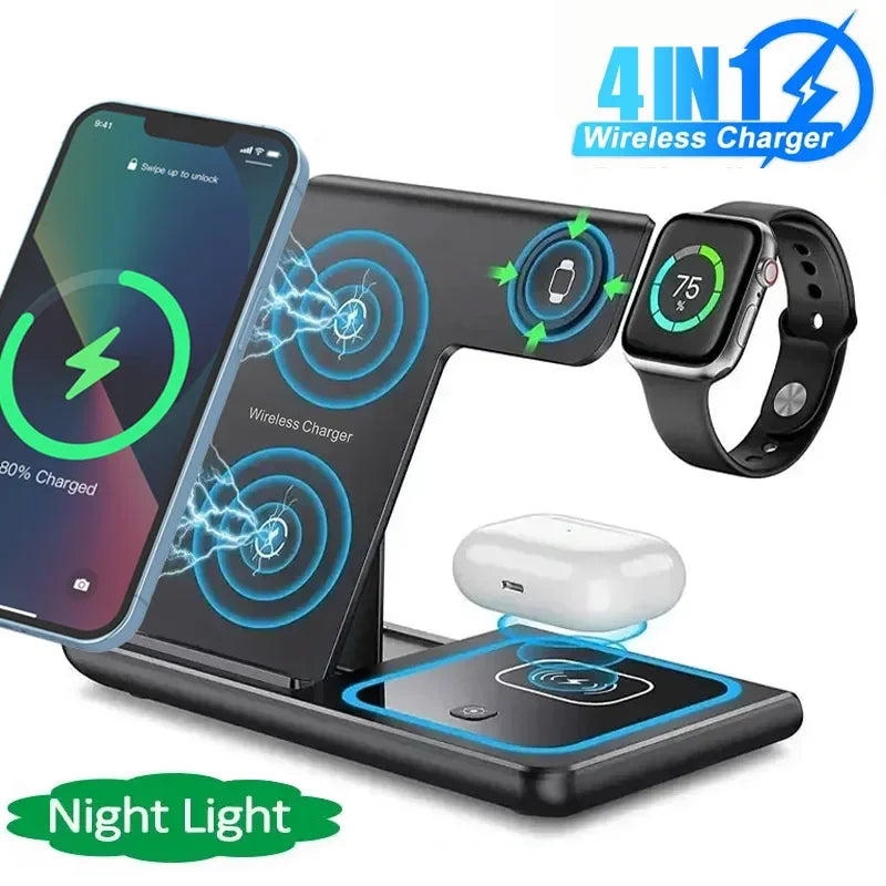 4 In 1 Black/White Color Wireless Charger LED Light Phone Stand For iPhone 16 15 14 13 12 Apple Watch 8 7 6 Air Pods Foldable Fast Charging Station