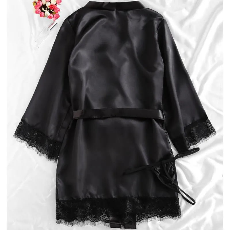 Black Sexy Women's Pajamas Satin 4-piece Lace Silk Suspender Tops Shorts Robe Pajamas Set Nightgown Underwear Nightdress Suit