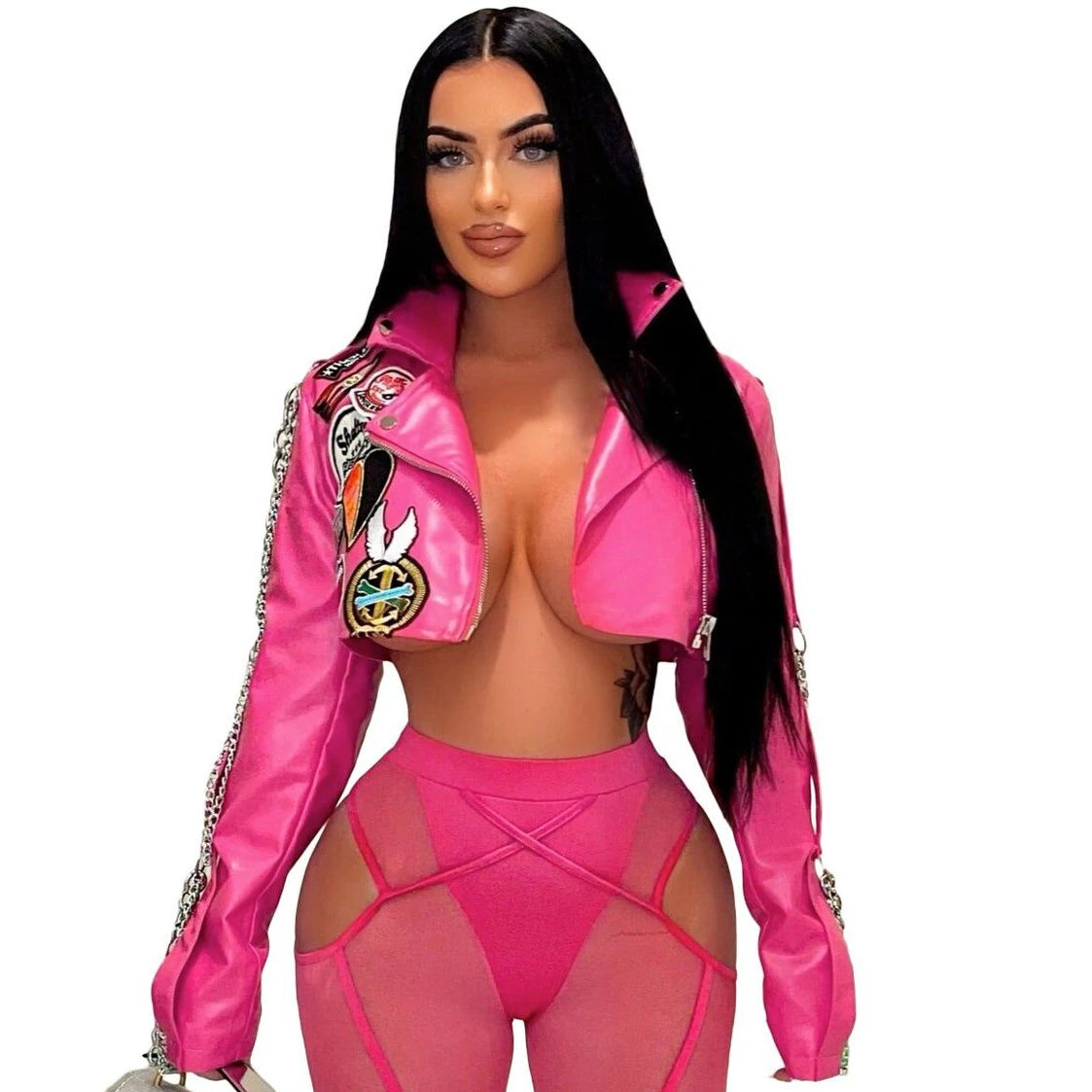 NEW Arrivals Y2K Rose Pink Leather Jacket Women Punk Moto Coat Lapel Chain Patchwork Cropped Jackets Hot Girl Autumn Winter Outwear