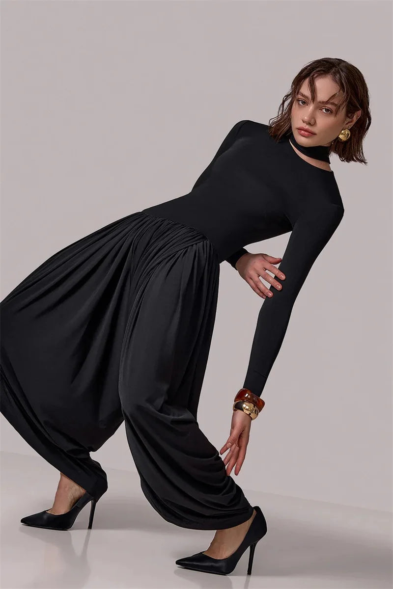 NEW Black/Gray/Coffee Color UK Size Long Sleeve Draped Sexy Jumpsuit Women Overalls Autumn Winter New Patchwork Solid Turtleneck High Waist Slim Jumpsuits Girls Streetwear Clothes