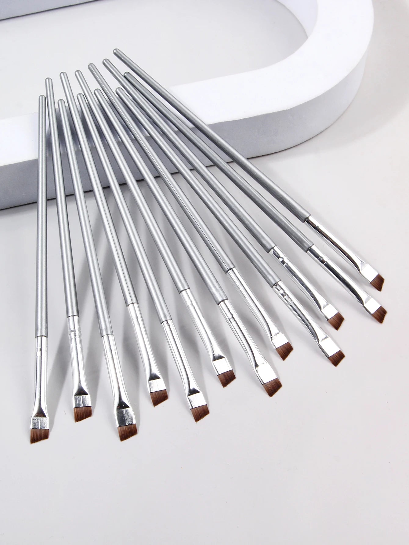 12PCS Set Silvery Super Thin Blade Eyeliner Brush & Soft Make-Up Brush Set, Portable Eyebrow Brush & Multipurpose Cosmetic Tool