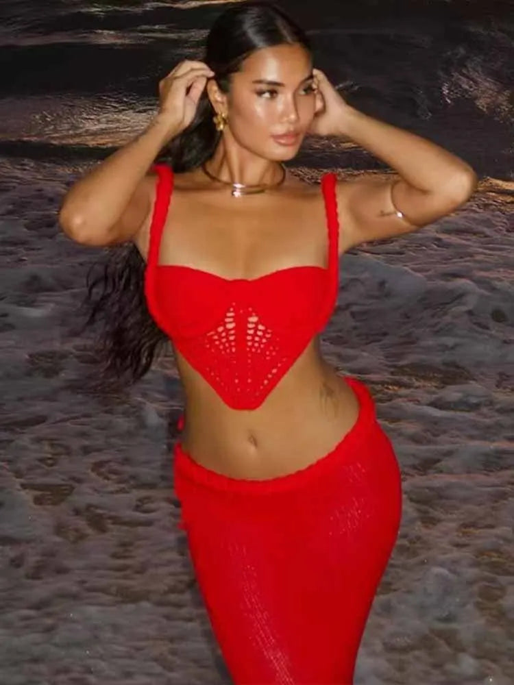 BRAND NEW 2PCS Set  Red/White S(8)-XL(16-18) UK Size Sexy HOT Crochet Knit Skirts Set Women Sexy Hollow Out Lace Up Crop Tops Hip Package Split Long Skirt Ladies Beach Outfits