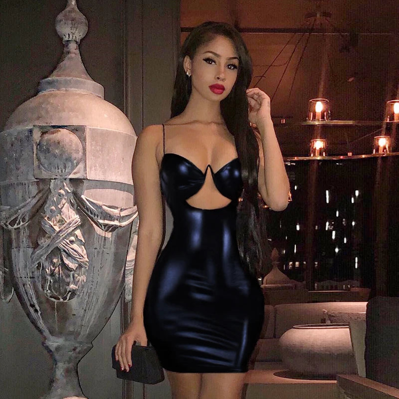 NEW Spaghetti Straps Hollow Out Sexy High Waist Slim Black Solid Summer Women New Fashion Party Bodycon PU Leather Mini Dress