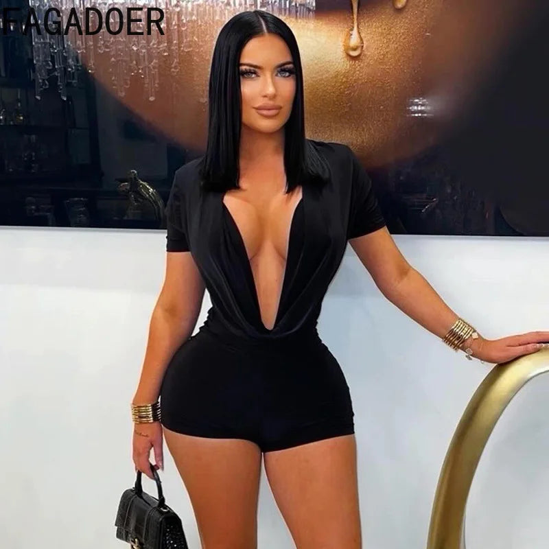 Black/White/Brown Color Spring New Ruched Deep V Bodycon Rompers Women Short Sleeve Slim Jumpsuits Sexy Solid Overalls Streetwear Evening Beach Party Midnight Clubwear