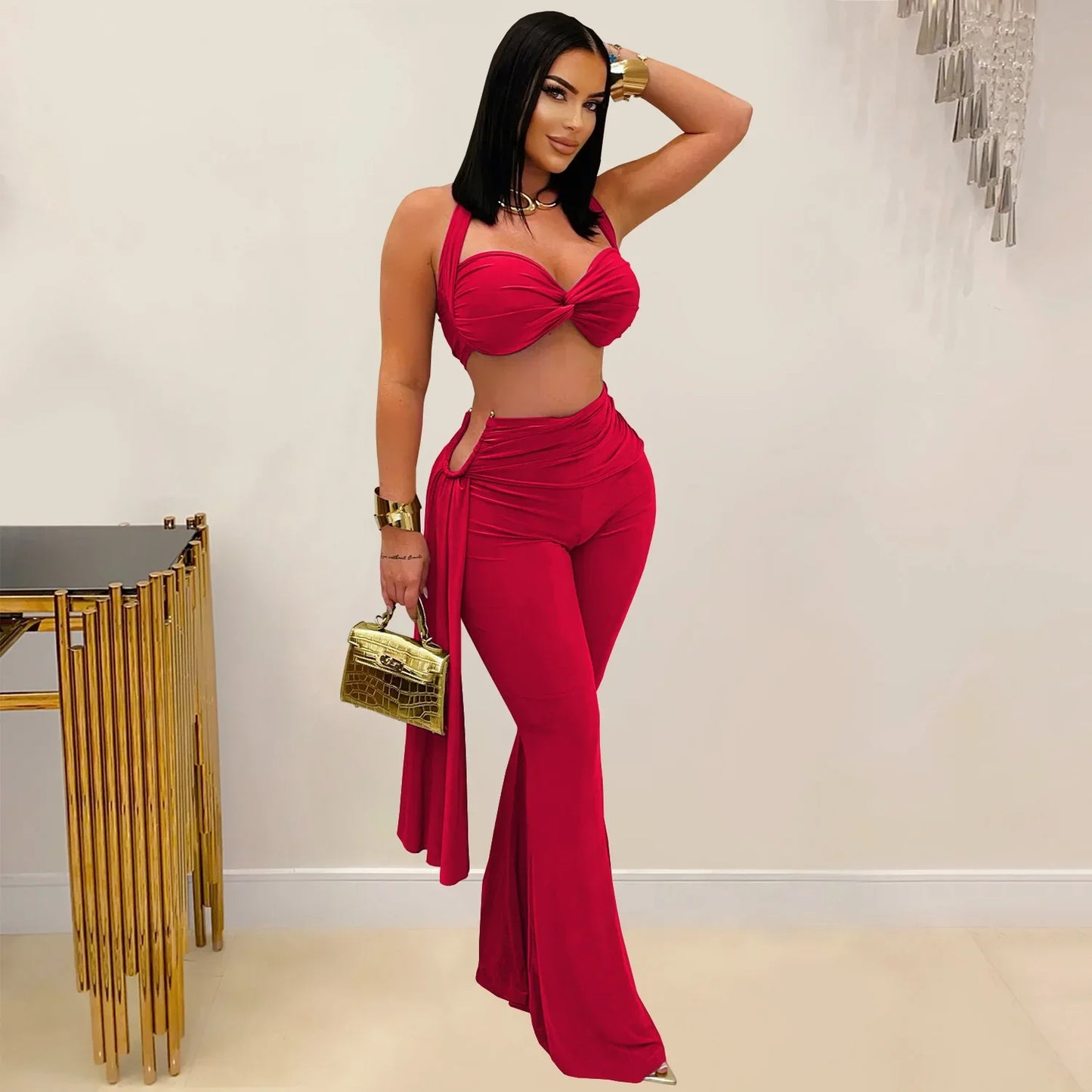 2 PCS Set S-2XL Fashionable C7485 Cross-Border Sexy Summer Strapless Long Pants Set Women's Polyester Fiber Clothing