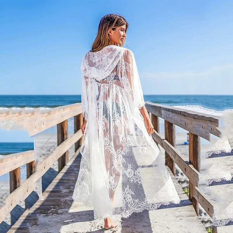 NEW Embroidered Lace Medium To Long Sunscreen Shirt Bikini Top Beach Hoodie Women Swimwear Cover Ups Maxi Dress