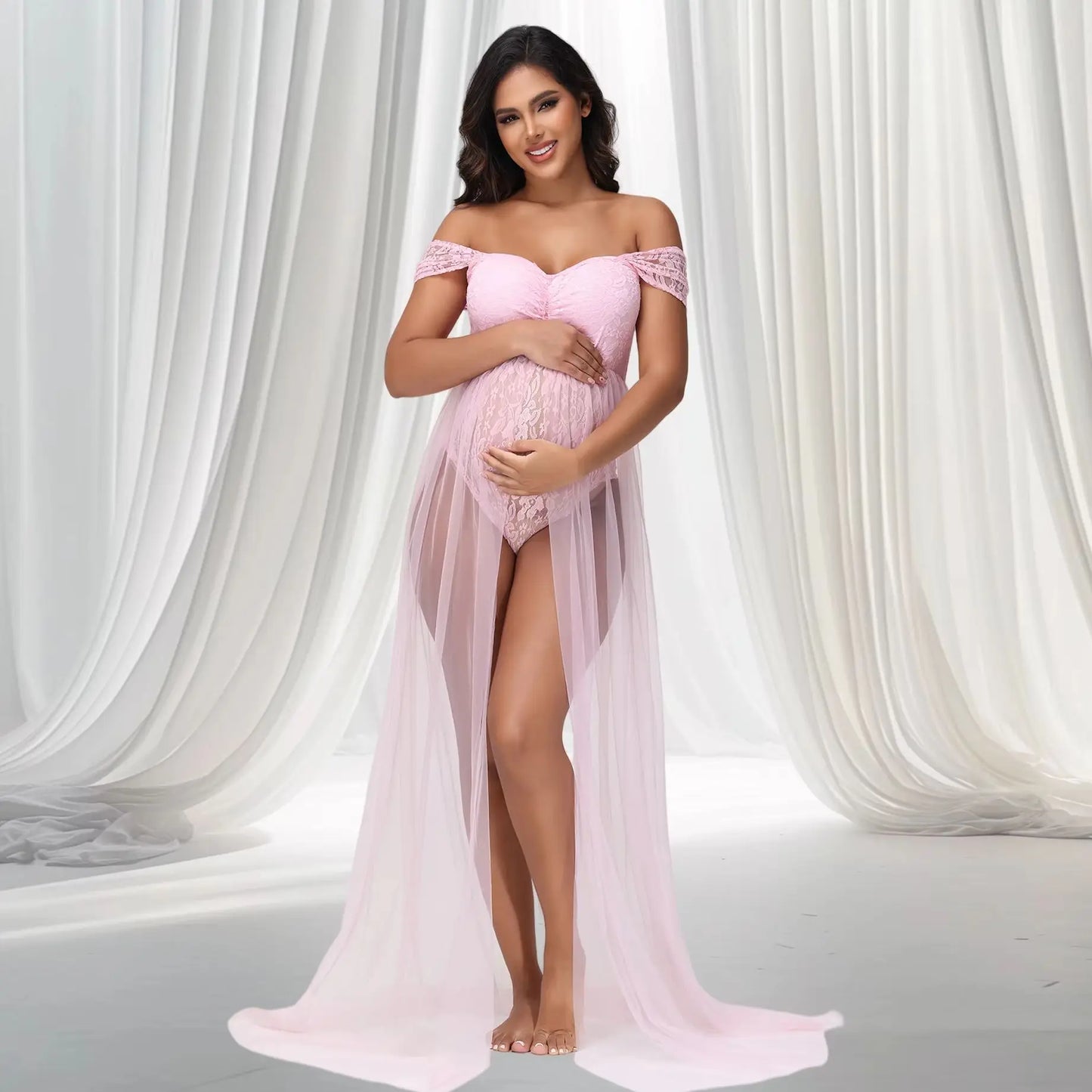 NEW Arrivals Maternity Lace Off-Shoulder Bodysuit for Photoshoot with Tulle Long Sides Slit Tail Women
