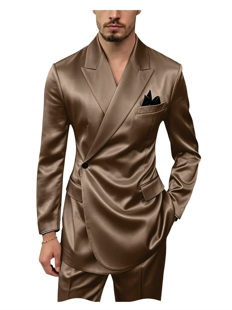 8 Colors 2 PCS Set S-7XL Extra Plus Size Men's Luxury Satin Suit Asymmetrical Wrap Peak Lapel Silk Suit One Button Slim Fit Blazer Pants Wedding Celebrity Red Carpet Business Formal Evening Luxury Outfit