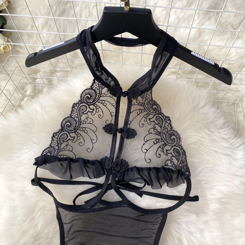 NEW Arrivals Red/Black See-Through Sleeveless Halter Playsuits Lace Sheer Open Crotch Lingerie Rompers Women Erotic Hollow Sexy Bodysuits Party Jumpsuit