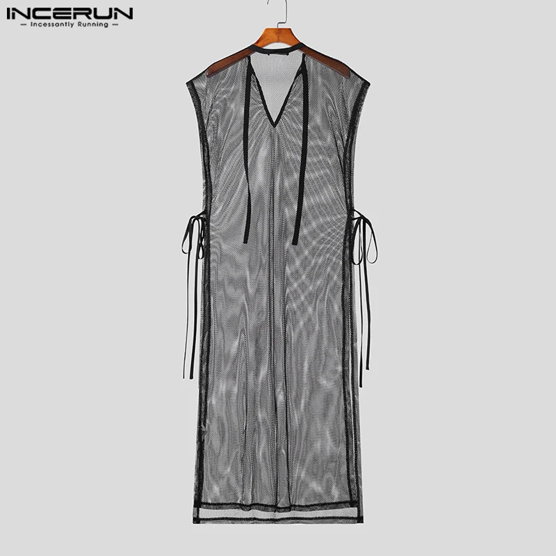 Stylish Casual Style Tops INCERUN Men's Sexy See-through Mesh Long-style Tank Tops Male V-neck Strap Sleeveless Thin Vests S-5XL