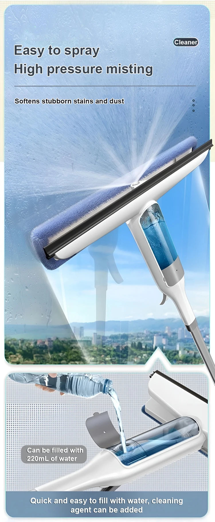 Upgraded Cutting-Edge High Pressure Misting Glass Cleaner and Water Scraper Combo Window Scrub Glass Doors Cleaner Home Office Cleaning Supplies