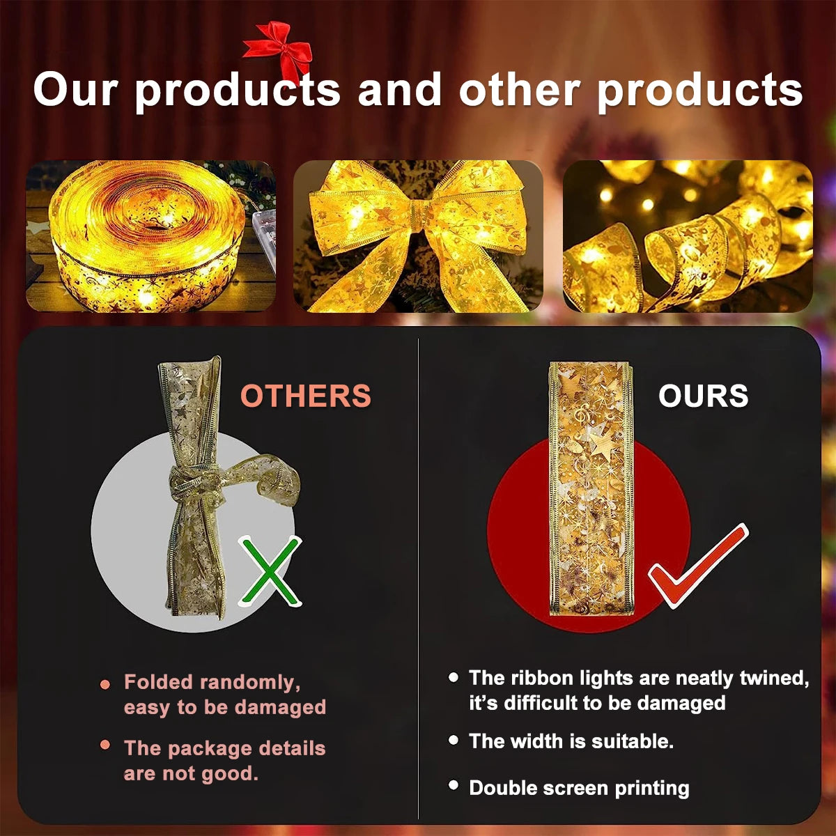 NEW 10M 100 LED Fairy Lights Ribbon Lights DIY Lace Bows String Light For Christmas Tree Bedroom Wedding New Year Gift Decoration Lights