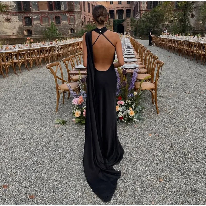 Luxury Satin Ribbon Halter Long Dresses 15 Colors S-XL UK Size Women's Backless Formal Maxi Dress Evening Wedding Guest Red Carpet Business Party Summer Graduation New Arrivals