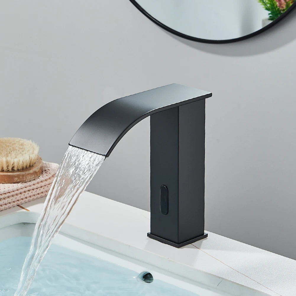 NEW Silver/Gold/ Black Color Luxury Smart Motion Sensor Bathroom Basin Faucet Touchless Automatic Sense Mixer Tap Waterfall Hot Cold Water Washbasin Crane Home Bathroom Accessories