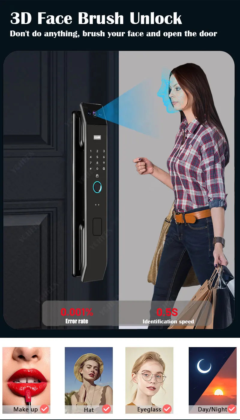 NEW Arrivals 3D Face Recognition Door Lock TUYA APP Can Video Intercom Unlock Digital Smart Lock Fingerprint Key Card NFC Phone Lock Safety Security Accessories Home Office Supplies