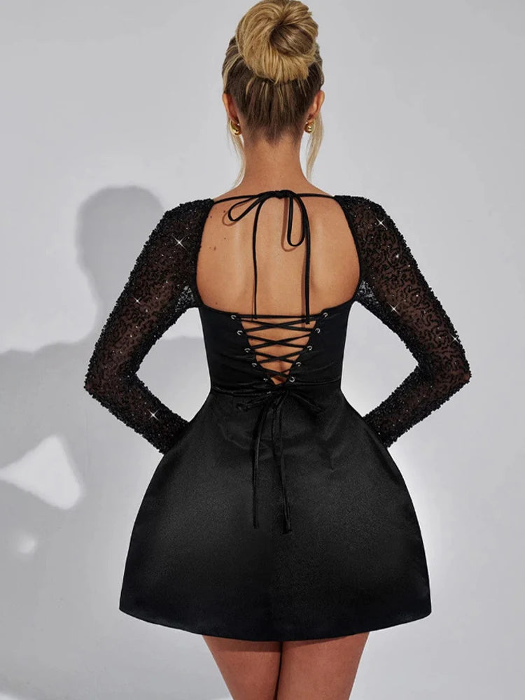 NEW Arrivals White/Black Luxury Satin Lace Glitter Evening Party Night Club Dress Women Backless Elegant Sexy Dress Bodycon Mini Winter Dress Girls Ladies Luxury Fashion Apparel Supplies