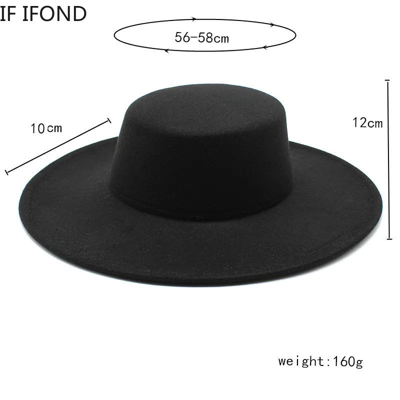 NEW Arrivals 8 Colors 56cm-58cm French Women's Luxury Hat Big Wide Brim 10CM Fedora Hat Autumn Winter Spring Cotton Wool Derby Wedding Jazz Hats Flat Top Felt Hat Ladies Luxury Fashion Apparel Accessories
