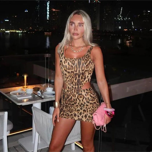 NEW Luxurious 2PCS Set Women Girls Leopard Sequins Backless Crop Top and Mini Skirt Sexy Evening Beach Party Night Clubwear Outfits  Backless Skirt Tracksuits Female Ladies Summer Sexy Fashion Clothing Supplies
