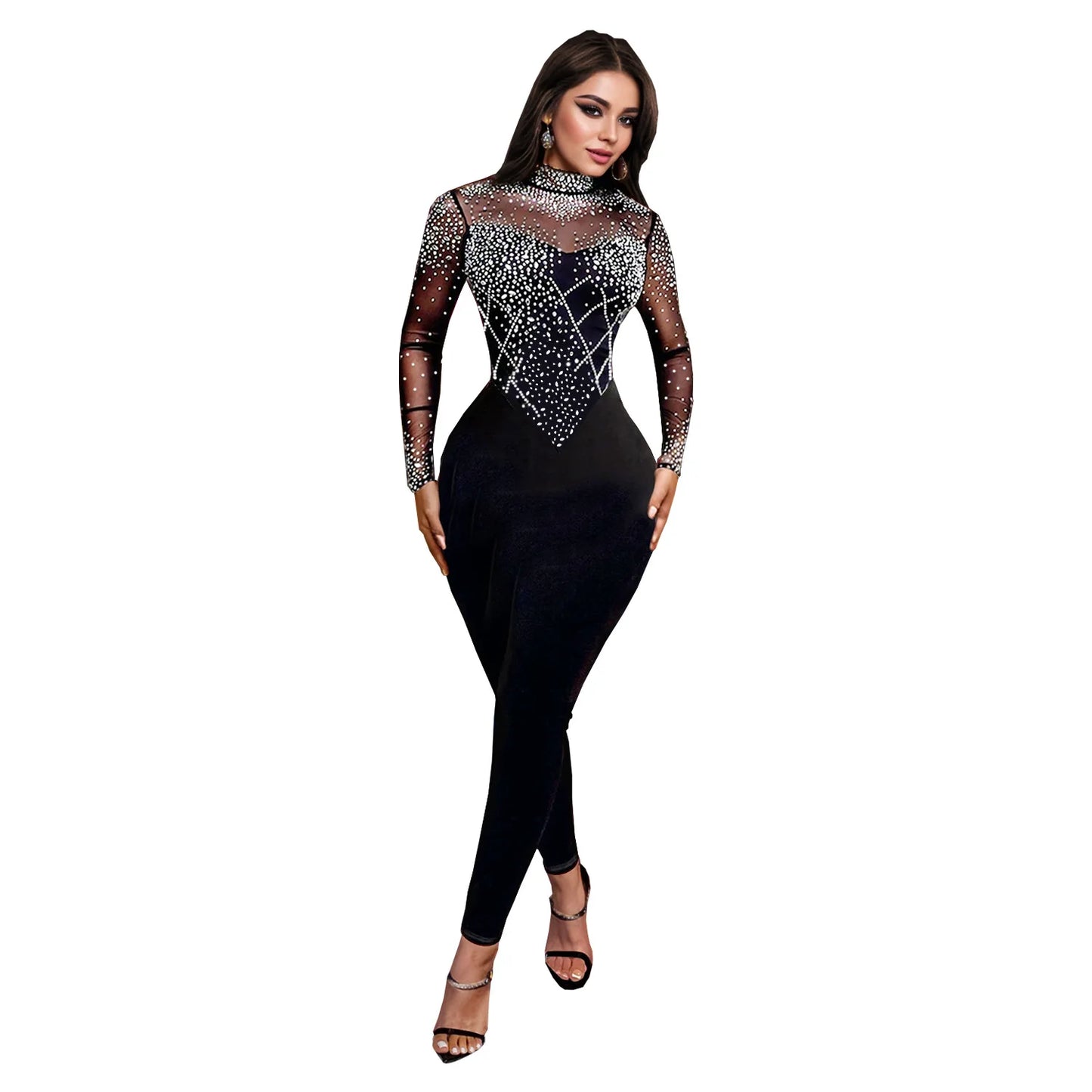 Low-Price Sales are Limited NEW S-2XL Black/Apricot Rhinestones Mesh See Though Bodycon Evening Night Club Party Jumpsuits Women Round Neck Long Sleeve Slim Playsuits Sexy Overalls Girls Ladies Luxury Fashion Clothing Supplie