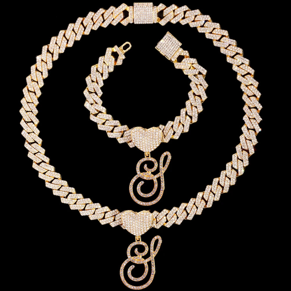 2 PCS Set New Fashion A-Z Initial Cursive Letter Luxury Rhinestones Pendant Cuban Necklace for Women Iced Out Cuban Link Chain Necklace Set Jewelry