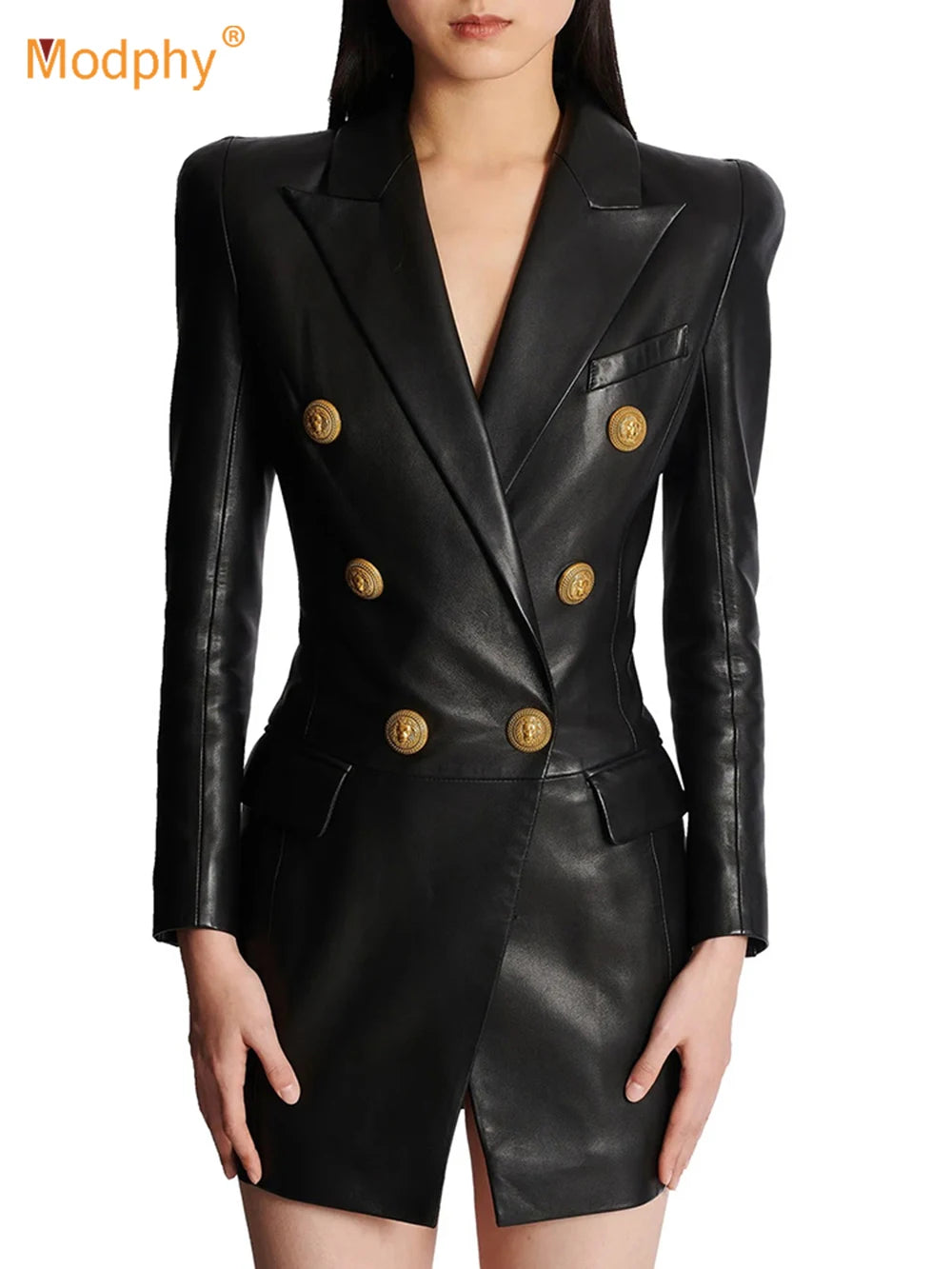 NEW Arrivals S-2XL Luxury Fashion New Slim Double Breasted Leather Suit Short Dress Elegant Women's Long Sleeve Blazer Dress
