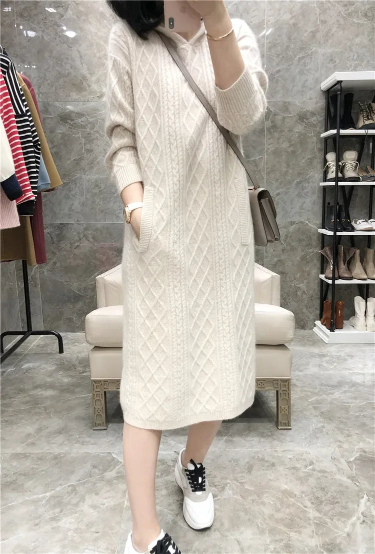 Pure Goat 100% Cashmere S-2XL Size Knee-Length Dress with Hoodie Knitted Bottoming for Autumn And Winter 100% Warm Comfortable Knitwear