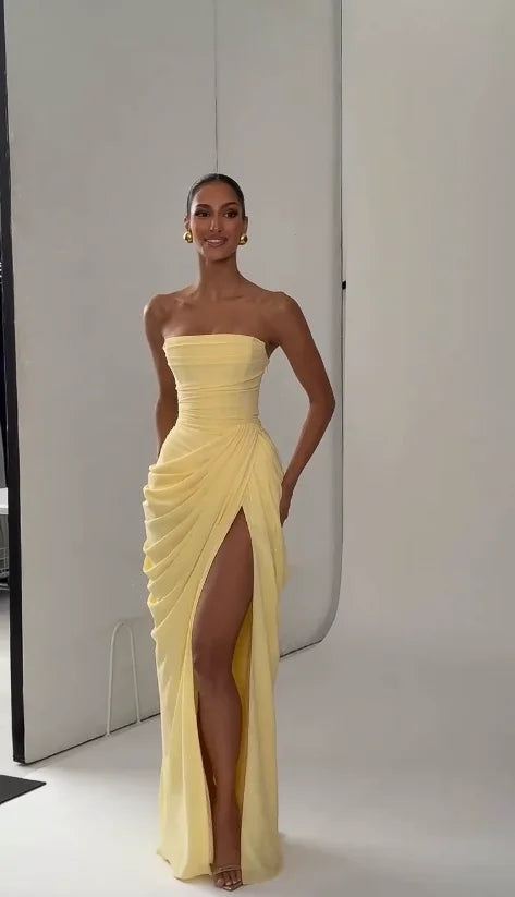 7 Types Mini and Maxi Satin Dress Elegant Satin Bustier Maxi Dress Women Yellow Spaghetti Strap V Neck A-Line Dresses Summer Lady Evening Formal Gowns.