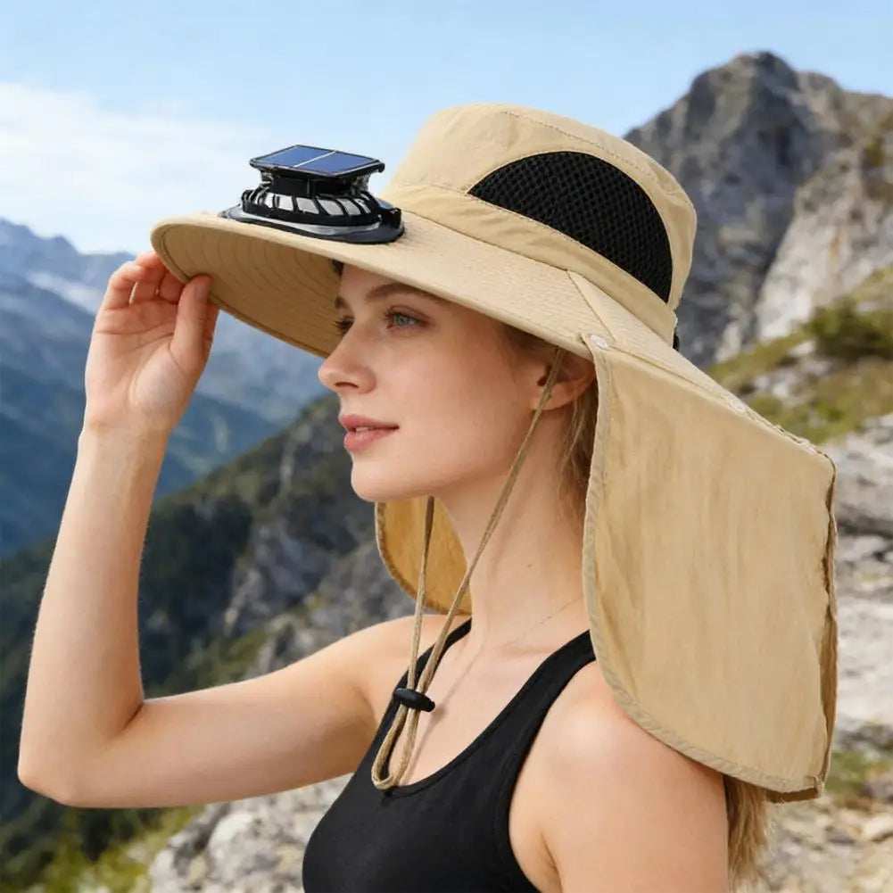 Solar Air Cooler Fan Hat with Neck Flap UV Protection Hat with Solar Fan USB Rechargeable Breathable Men Summer Outdoor Beach Camping Fishing Wide Brim Hats