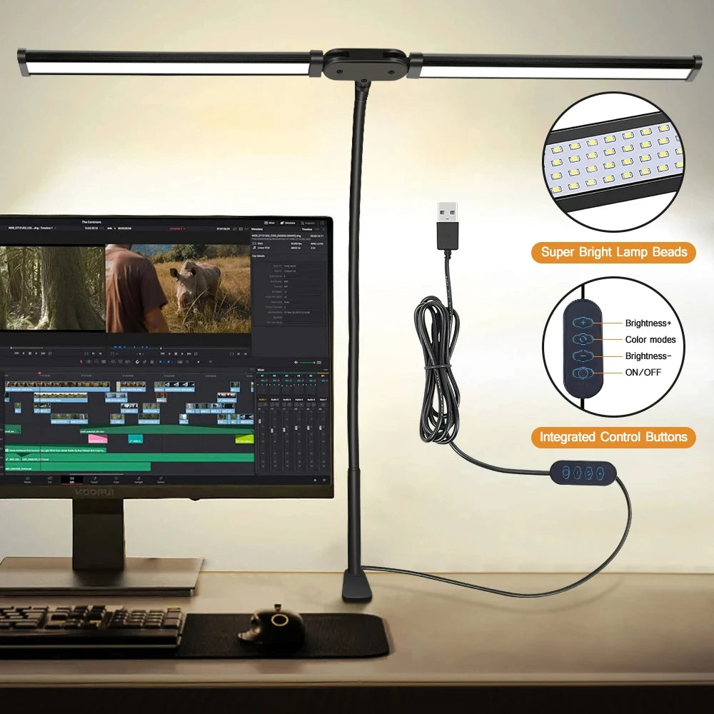LED Double/Single Head Reading Desk Lamp Foldable Swing Arm Table Lamp with Clip Dimmable Workstation Office PC Eye Protection