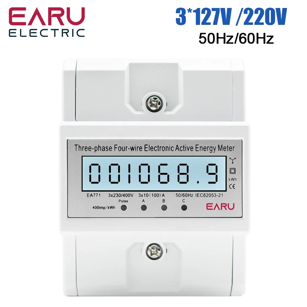 NEW Arrivals Din Rail AC 230 220V 3 Phase 4 Wire Energy Meter Power Consumption Monitor kWh Meter Wattmeter Bi Volt 100A 50/60Hz LCD Backlight