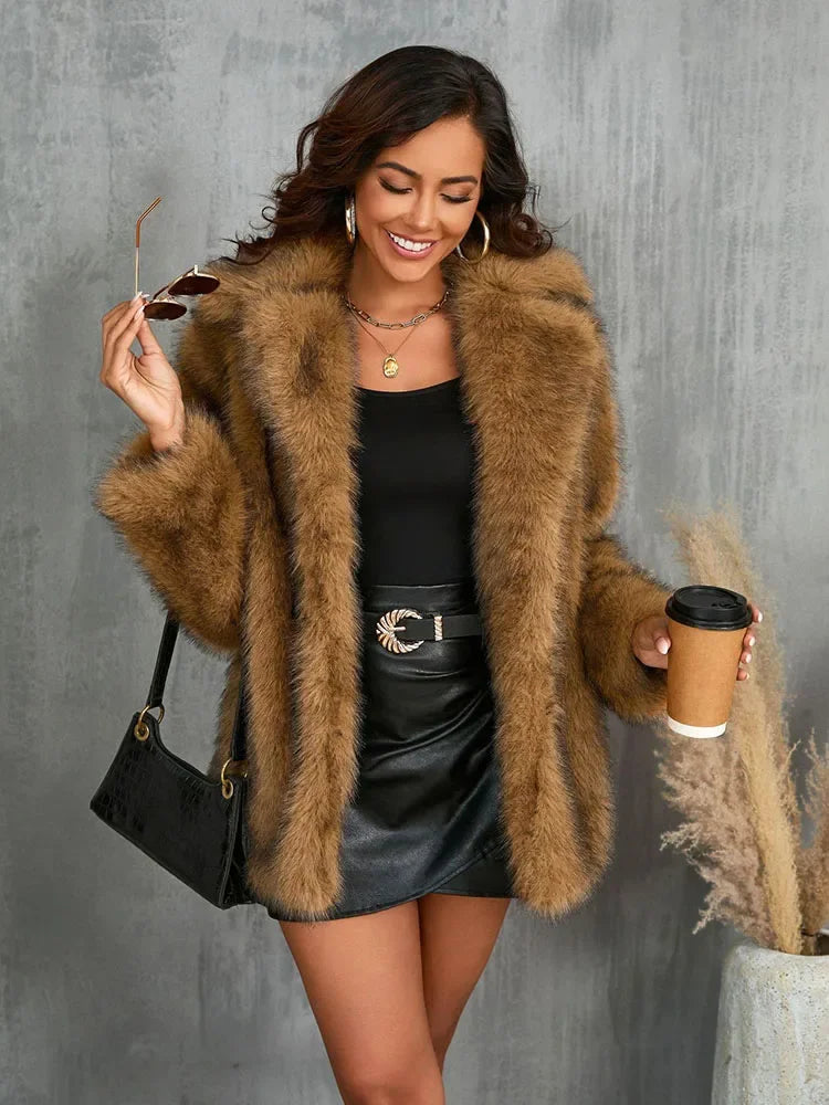 NEW Arrivals Hot Sales S-3XL Plus Size Winter Warm Snow Outerwear Luxury Coat Women Vintage Lapel Long Fluffy Warm Faux Fur Coat Women Loose Fur Jacket Long Sleeve Fur Coats Ladies Girls Luxury Fashion  Apparel Supplies