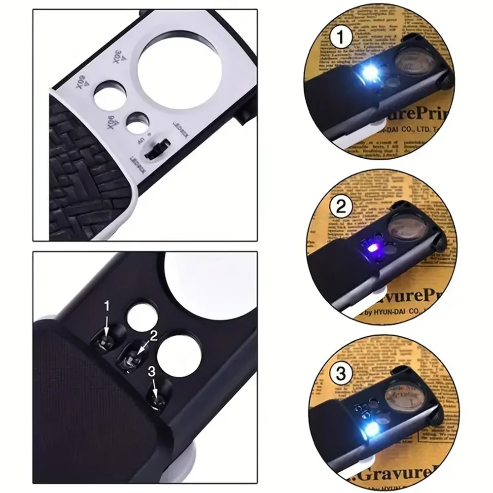 Portable Triplex Magnification Loupe 30X-90X-Slide-Out LED/UV Lighted Jewelry Magnifier for Precision Gemology & Micro-Engraving