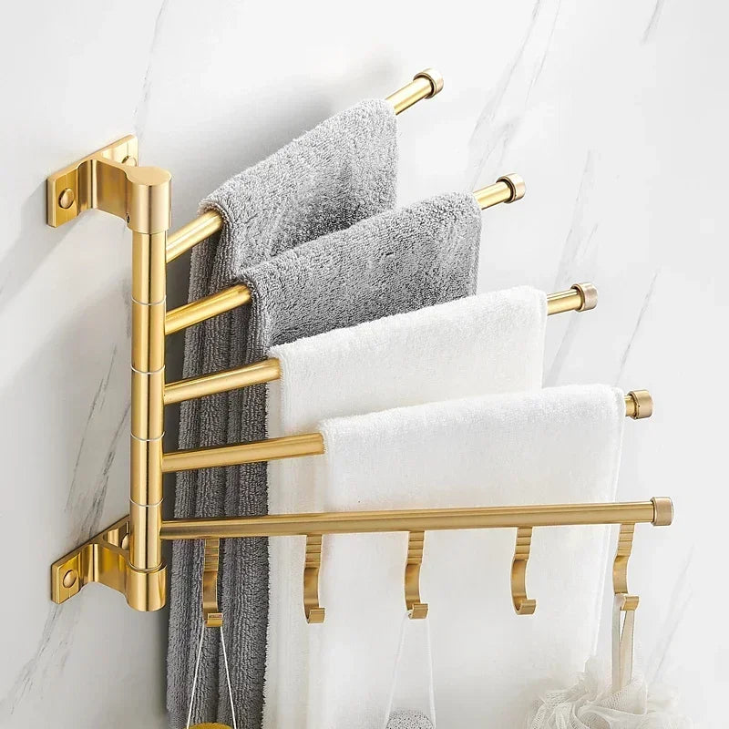 NEW 4 Rods Golden Light Luxury Aluminum Wall Mounted Rotating Towel Rack Bath Rail Hanger Towel Holder Bathroom Accessories Storage Rack