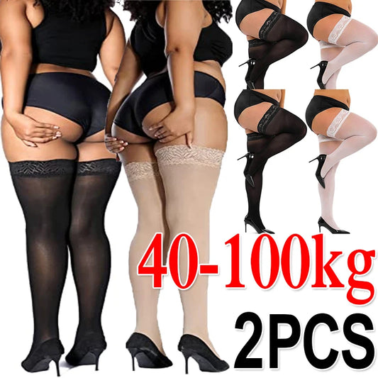 NEW Arrivals 2 Pairs Women Sexy Lace Stockings Plus Size High Elastic Thigh High Socks Transparent Over Knee Sock Temptation Pantyhose Tights Curvy Women Underwear Apparel Accessories Sets