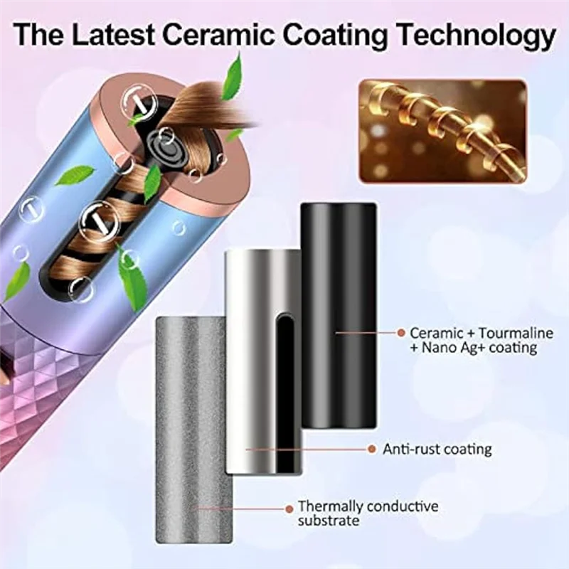 AA51 Powerful Automatic Curling Iron, Cordless Auto Hair Curler Portable Rotating Curling Wave Wand Styling Tool Auto Shut Off ABS
