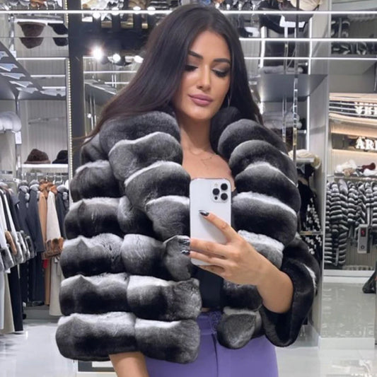 NEW Arrivals XS-4XL 6 Colors Winter Real Rabbit Fur Coat Women Real Fur Coat Female Luxury Natural Rabbit Fur Coat Best Selling High Quality Chinchilla Colors Girls Winter Fashion Clothing Supplies