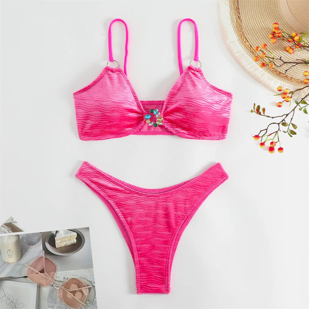 NEW!!!! Velvet Bikini Rhinestone Swimsuit Women Thong Swimwear Trend Bikinis Sets Brazilian Two Piece Beach Outfit Swimming Bathing Suit