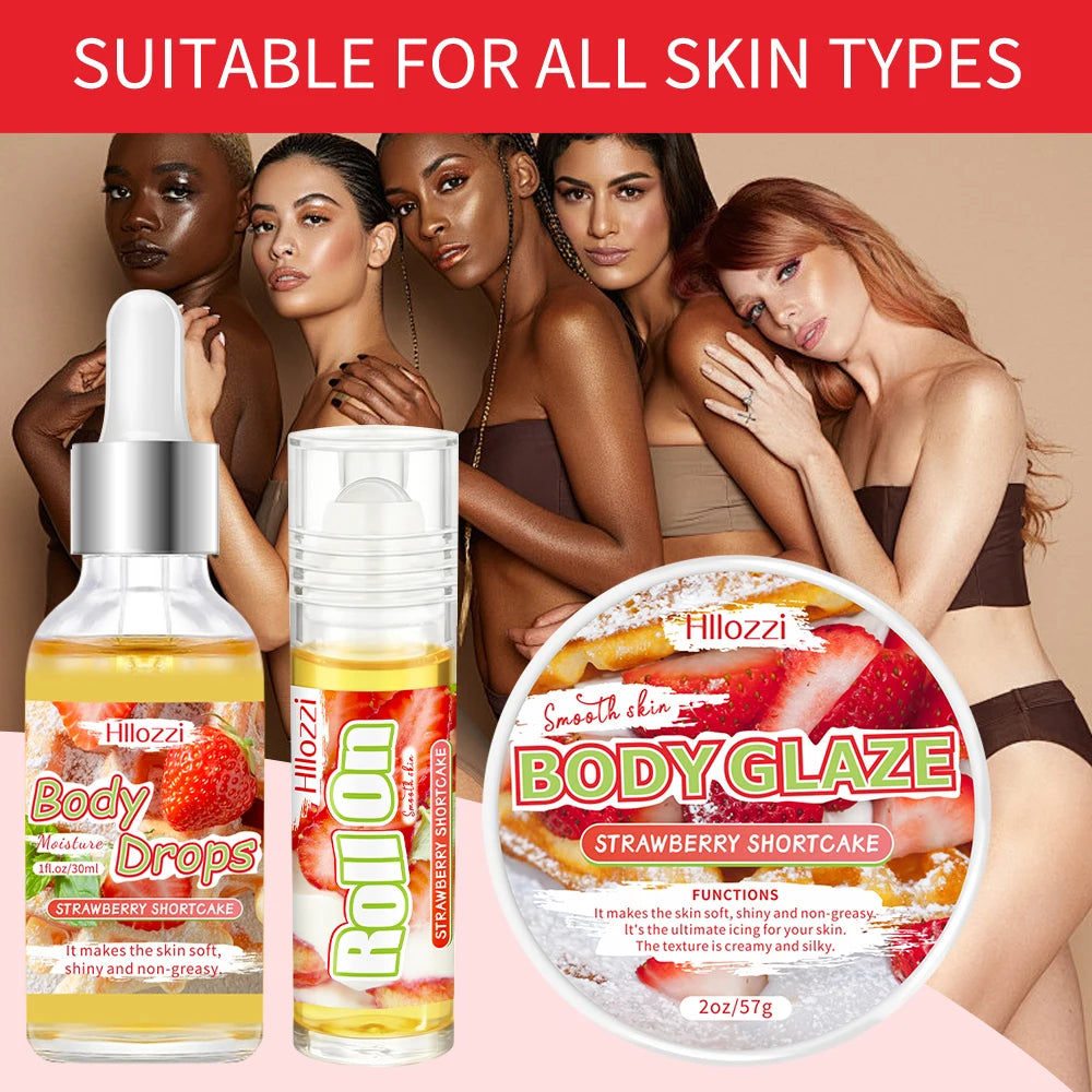 3 PCS Set Strawberry Set Includes 30 ml/1 FL OZ Body Drops and 2 oz/57 g or 8 OZ Body Glaze, Plus a Complimentary 5 ml/0.17 g Roll-On Skin Care Sets Korean Products
