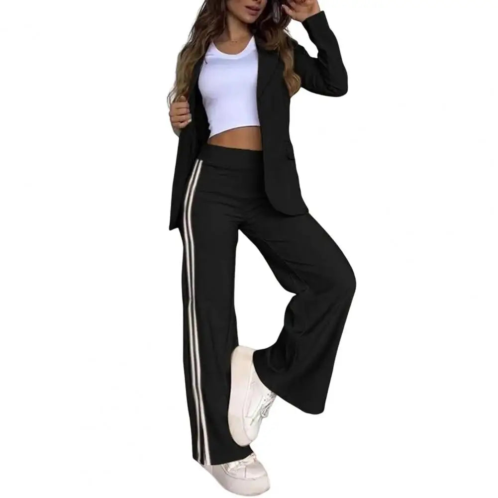 2 PCS Set S-3XL UK Size 5 Colors Women's Blazer Formal Coat Pants Set Autumn Winter Long Sleeves Jacket Loose Striped Wide Leg Casual Suit Outfit Girls Ladies Fashion Apparel Supplies