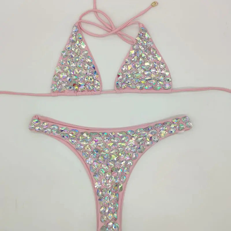 NEW Arrivals Luxury Shiny Diamond Bikini Set Summer Beach Push Up Halter Swimsuit Female Crystal Swimwear Women Brazilian Bikini Ladies Sexy Beach Wear