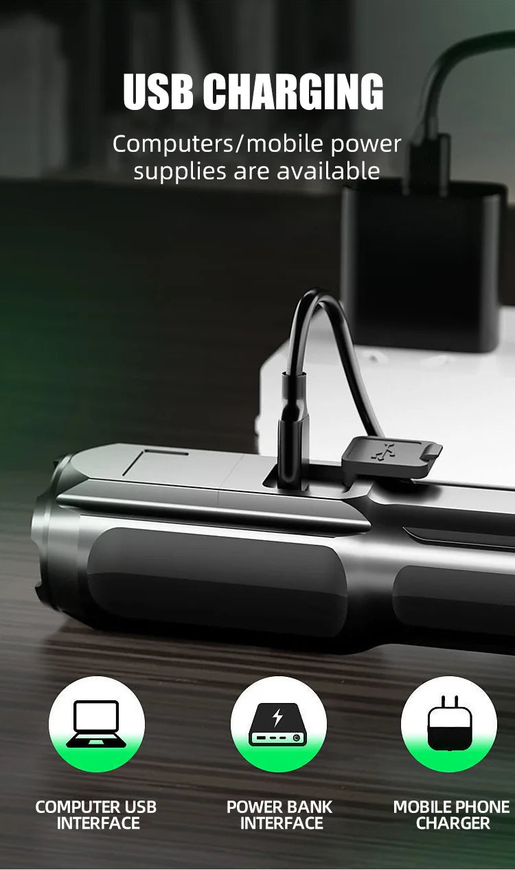 Outdoor Travel Hiking Camping Telescopic Zoom Tactical Flashlights Rechargeable LED Torch 4 Lighting Modes Long-Range Waterproof Camping Fishing Flashlight