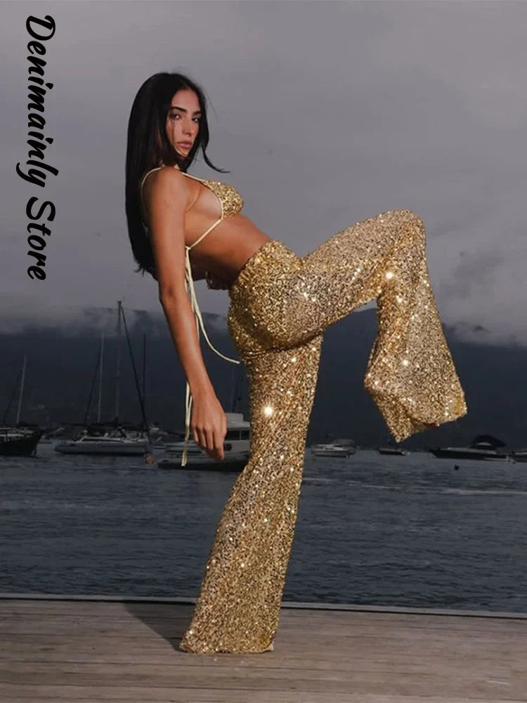 2 PCS Set 3 Colors UK Size Sexy Sequined Bikini Pants Set Women Sleeveless Backless Halter Cropped Top Wide Leg Pant  Summer Evening Beach Holiday Party Suit