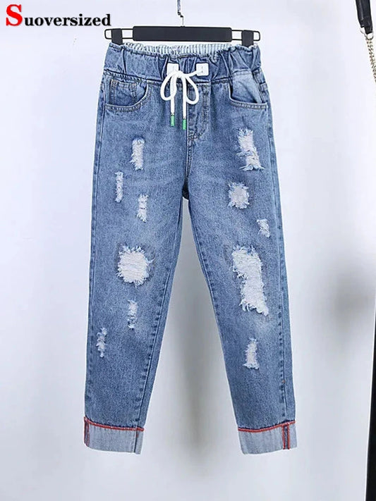 Oversized 26(40Kg) - 40-90( 110-120Kg) Ripped Jeans Ankle Length Harem Vaqueros High Waist Women's Ladies Denim Pants Trousers Streetwear Evening Party Female Girls Plus Size Casual Fashion Clothing Supplies