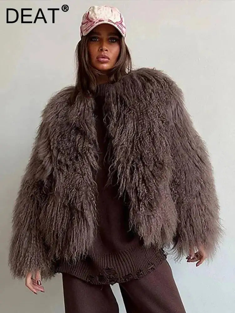 S-XL UK Size 4 Colors Fashion Brown Faux Fur Coat Women's Round Neck Loose Long Sleeves Thick Plush Short Jacket Winter New 7A1041