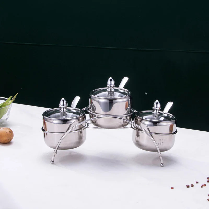 Home Villa Restaurants Hotels Household Luxury 304 Silver/Gold Color Stainless Steel Seasoning Tank Buffet Restaurant Hotel Seasoning Salt Storage Tank with Holder Rack Home Kitchenware Tools Sets