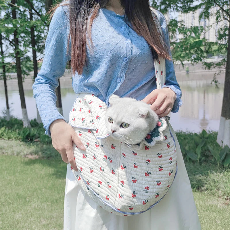 Handmade Dog Bag Pet Kitten Carrier Outdoor Travel Handbag Canvas Single Shoulder Cat Bag Sling Comfort Tote Bag Breathable