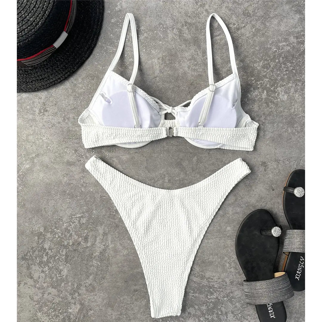 New Sexy White Wrinkled Mid Waist 2 PCS Set Bikini Women Swimwear Female Swimsuit Bather Bathing Suit Swim K3041