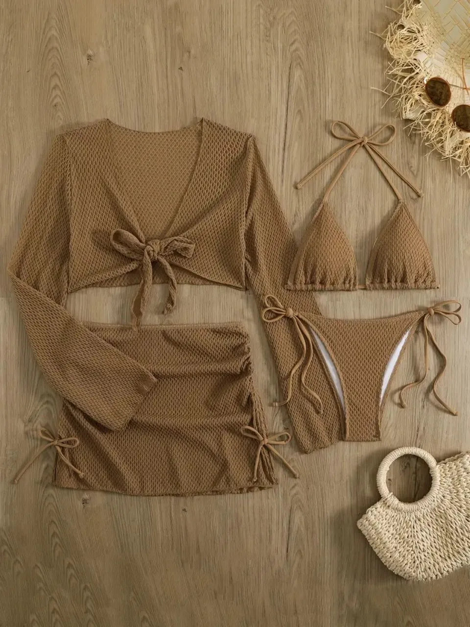 4 PCS Set White/Black/Coffee/Red Color Halter Bikinis Suit Mesh Cover Up Swimwear Female Long Sleeve Solid Swimsuit Women Bathing Swimming Suit Beachwear
